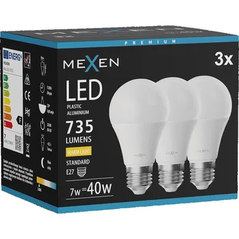 Žárovka Mexen Nova 3x LED žárovka E27, A60, 7W, Teplá - 3000K, 735 lm - L100-E27-0730-01x03 Żarówki LED