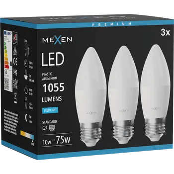 Žárovka Mexen Nova 3x LED žárovka E27, C37, 10W, Studená - 6500K, 1055 lm - L102-E27-1065-01x03 Żarówki LED