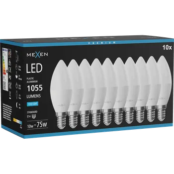 Žárovka Mexen Nova 10x LED žárovka E14, C37, 10W, Studená - 6500K, 1055 lm - L102-E14-1065-01x10 Żarówki LED