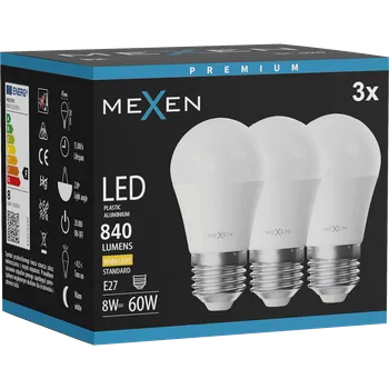Žárovka Mexen Nova 3x LED žárovka E27, G45, 8W, Teplá - 3000K, 840 lm - L101-E27-0830-01x03 Żarówki LED