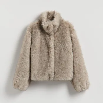 Dámský kabát Reserved - Kožešina s vysokým límcem - světle šedá - VZ747-09X - VZ747-09X-M