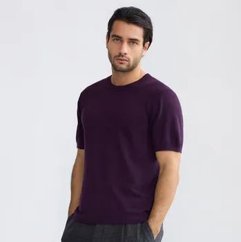 Pánský svetr Reserved - Svetr s krátkým rukávem s příměsí vlny - tmavě fialová - 640IL-49X - 640IL-49X-S