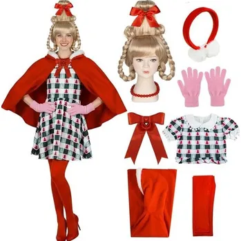 Karnevalový kostým Kostým Cindy Lou Who, dámské šaty, 6dílný vánoční kostým, plášť, šaty, punčocháče, rukavice, sada