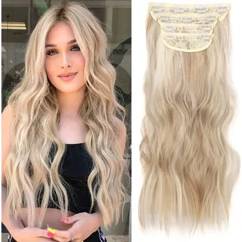 Čelenka Clip-in prodlužování vlasů, 4 ks plážové vlnité prodloužení vlasů popelavě blond s blond klipy,
