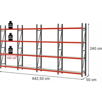 Dílenský regál Skladový regál FORTIS, 16policový, výška 240 cm, délka 642,5 cm, hloubka 50 cm