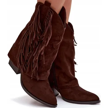 Dámské kozačky KOTNÍKOVÉ BOTY KOVBOJSKÉ BOTY EKO SEMIŠOVÉ S TŘÁSNĚMI ZATEPLENÉ NA ČOKOLÁDOVÝ ZIP 38