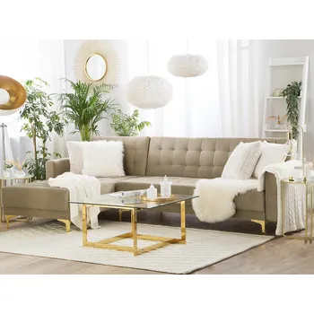 Sedací souprava Rohová rozkládací pohovka pískově béžová sametové čalounění moderní styl 4místná modulární pravostranná ve tvaru L obývací pokoj Beliani