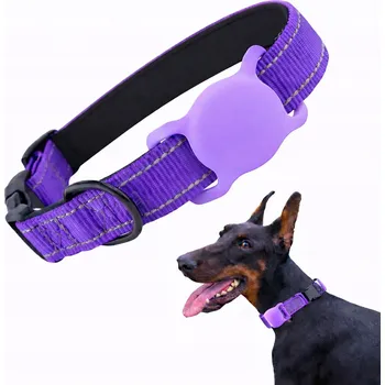 Obojek pro psa Obojek pro psa s držákem AirTag fialový velikost L reflexní neoprenový