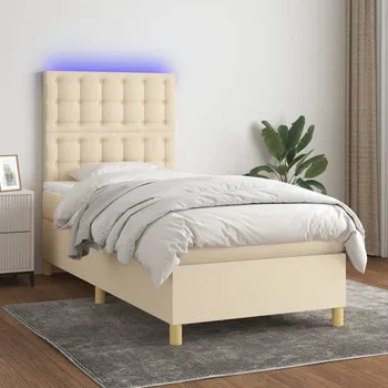 Postel vidaXL Box spring postel s matrací a LED 90x200 cm textil [3135725] Barva: krémová