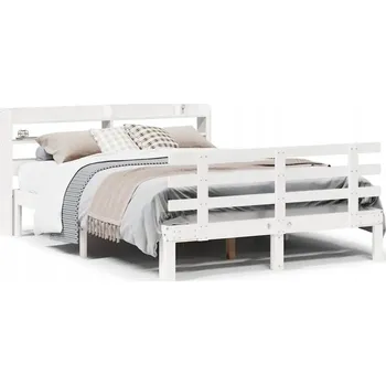 Postel Dřevěná borovicová postel s poličkami, bílá, 218 x 160 x 82 cm