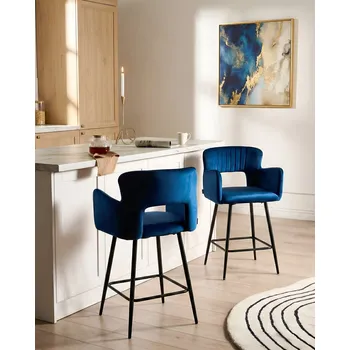 Barová židle Sada 2 sametových barových židlí námořnická modrá čalouěné židle jídelna kuchyně moderní nábytek Beliani