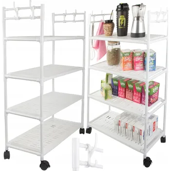 Koupelnový nábytek KOUPELNOVÁ POLICE SKŘÍŇKA KUCHYŇSKÝ REGÁL MOBILNÍ NA KOLEČKÁCH 4 ÚROVNĚ HÁČKY