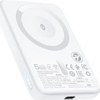 Powerbanka Acefast - magnetická bezdrátová powerbanka (M25-5000) - MagSafe, rychlé nabíjení, USB-C, 5000mAh, 20W, 5V/2.4A, LED indikátor - bílá