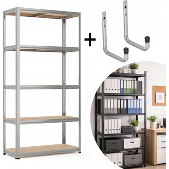 Dílenský regál Kovový skladový regál pozink 180x90x40 cm, nosnost 175 kg na polici + GARÁŽOVÉ HÁKY