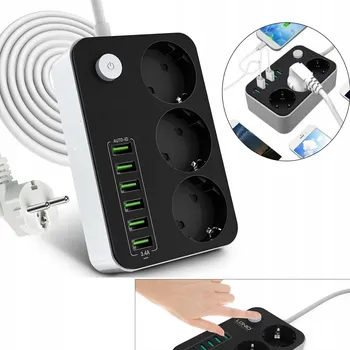 Napájecí kabel Zásuvková lišta 3 zásuvky + 6x USB VYPÍNAČ 2 m PRODLUŽOVACÍ KABEL