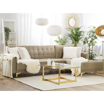 Sedací souprava Rohová rozkládací pohovka pískově béžová sametové čalounění moderní styl 4místná modulární levostranná ve tvaru L obývací pokoj Beliani