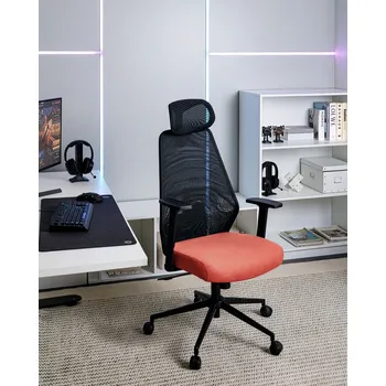 Kancelářská židle černá červená síťovina čalounění nastavitelné područky a opěrka hlavy nastavení výšky sedadla otočná základna naklápění opěradla Beliani