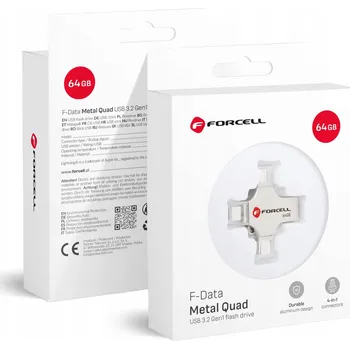 USB flash disk Pendrive Forcell 64 GB Metal Quad USB 3.2 Lightning Micro-USB USB-C stříbrný