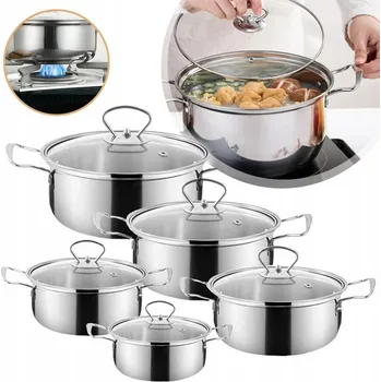 Sada nádobí 5ELE SADA NEREZOVÝCH HRNCŮ S SKLENĚNÝMI POKLICEMI