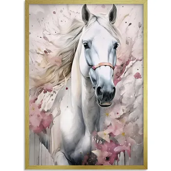 Obraz Obraz Plakát v Zlatém rámu - Kůň, dekorace do pokoje pro teenagery, 50x70 cm