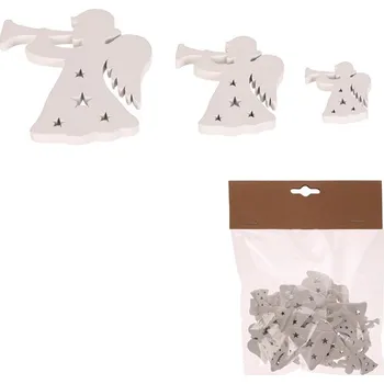 Vánoční dekorace Anděl - dřevo, mix 3 vel., bílá b., cena za balení (18 ks) Barva: bílá