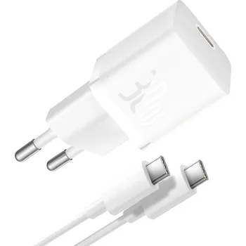 Telefonní příslušenství Baseus – nástěnná nabíječka (P10110902213-00) – včetně kabelu typu C, GaN, typ C, rychlé nabíjení, 30 W, 1 m – Moon White