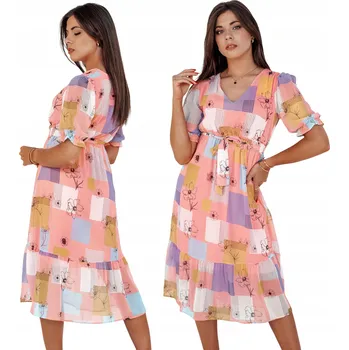 Dámské šaty ŠATY MIDI ŠATY S UZAVÁNÍM A ROZŠÍŘENÝM VZOREM EY2522 - M