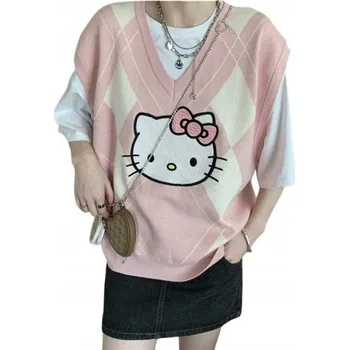 Dámský svetr Dámský svetr Anime, Vesta Hello Kitty s kosočtverci - XL