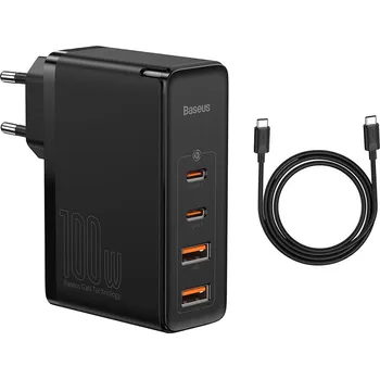 Baseus - nástěnná nabíječka GaN2 Pro (CCGAN2P-L01) - včetně kabelu typu C, 2x USB-C PD 100W, 2x USB-A QC3.0 - černá