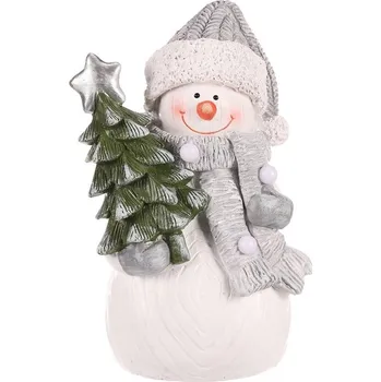 Vánoční dekorace Vánoční soška sněhuláka s LED osvětlením a stromečkem - polyresin Barva: bílá