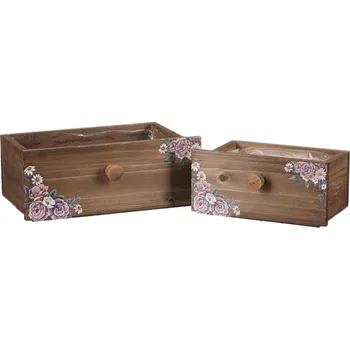 Stojan na květiny Sada 2 dřevěných šuplíků s květinovým dekorem - hnědé obaly na květiny Barva: Hnědá
