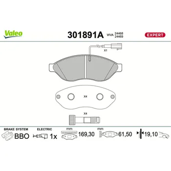 Brzdová destička Sada brzdových destiček, kotoučová brzda VALEO 301891A