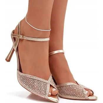 Dámské sandále Dámské večerní sandály na jehlovém podpatku s ozdobou, elegantní zlaté, velikost 39