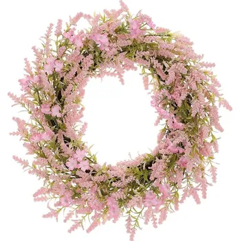 umělá květina Růžový umělý věnec 50 cm z proutí s květinami a bobulemi Barva: Růžová