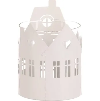Vánoční dekorace Bílý kovový svícen s domečky a skleněnou miskou - vánoční dekorace Barva: bílá