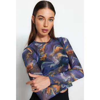 Dámská halenka Trendyol vícebarevná potištěná přiléhavá crop halenka z pružného úpletu s tylem Trendyol modrá 2386416