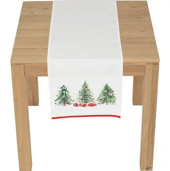 Vánoční dekorace Běhoun - vánoční stromky, 100% polyester, 40 x 150 cm Barva: bílá