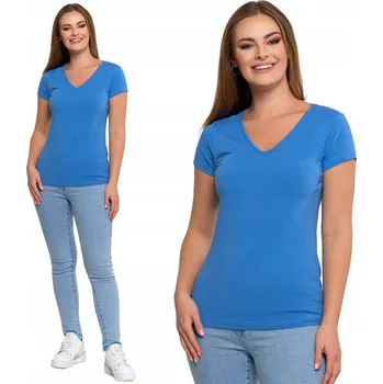 Dámské tričko DÁMSKÉ BAVLNĚNÉ TRIČKO S VÝSTŘIHEM DO V HLADKÉ MORAJ MODRÉ S