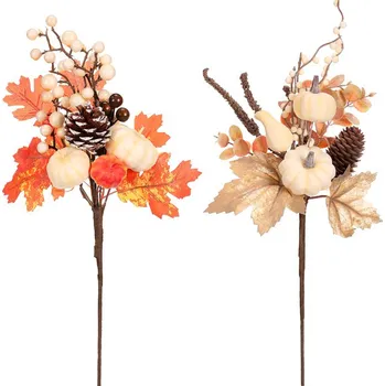 umělá květina Umělá větvička s dýněmi, bobulemi a šiškami - podzimní dekorace 1 ks Barva: Oranžová