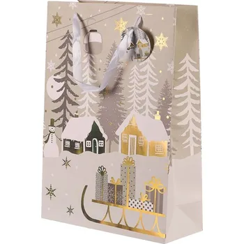 Dárková taška Velká vánoční papírová taška - zimní krajina se sáňkami, L Barva: šedá