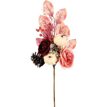 umělá květina Podzimní umělá větev s dýněmi, šiškami a květinami - dekorace Barva: Růžová