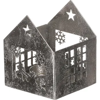 Vánoční dekorace Svícen kovový - tvar domečku, větší, zlatý Barva: Stříbrná