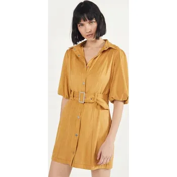 Dámské šaty BERSHKA KARAMELOVÉ SEMIŠOVÉ ŠATY S PÁSEK (XS)