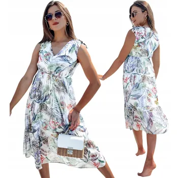 Dámské šaty ŠATY ROZŠÍŘENÉ MIDI S KVĚTINOVÝM VZOREM BÍLÉ EY2529 - XS