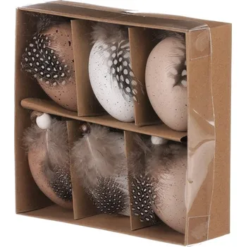 Velikonoční dekorace Kropenatá plastová vajíčka s pírkem - 6 cm, mix barev (6 ks) Barva: Hnědá