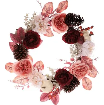 umělá květina Umělý podzimní věnec 50 cm s květinami, šiškami a bobulemi Barva: Růžová