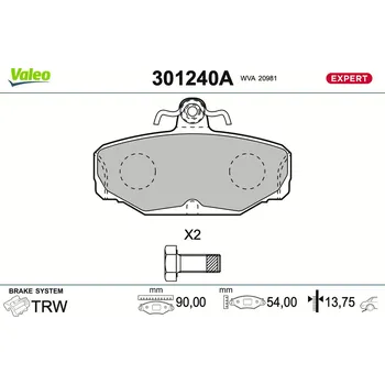 Brzdová destička Sada brzdových destiček, vždy 4 kusy v sadě VALEO 301240A