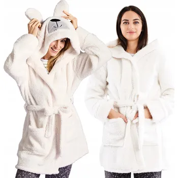 Dámský župan Nadýchaný župan s roztomilou kapucí s oušky, na zavazování Igrid Bílý L/XL