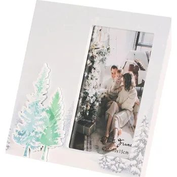 Obraz Bílý vánoční fotorámeček 10x15 cm z MDF s motivem jehličnanů Barva: bílá