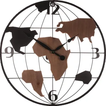 Hodiny Hodiny nástěnné - pr. 40 cm, kov a MDF, motiv světadílů Barva: Hnědá